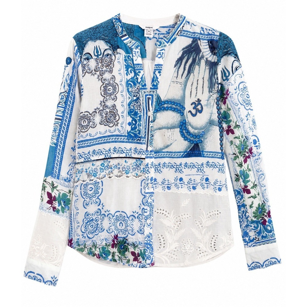 Desigual‎ Top M Blue Boho Patchwork Eyelet Embroidered Lace Art-to-Wear Spain
